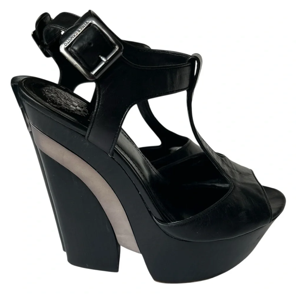 Vince Camuto Babe Black Platform Heels 8.5 Strappy T-Strap Chunky Y2K Indie Boho
